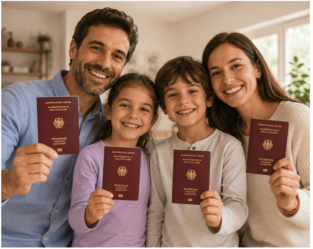 Familia sosteniendo cuatro pasaportes