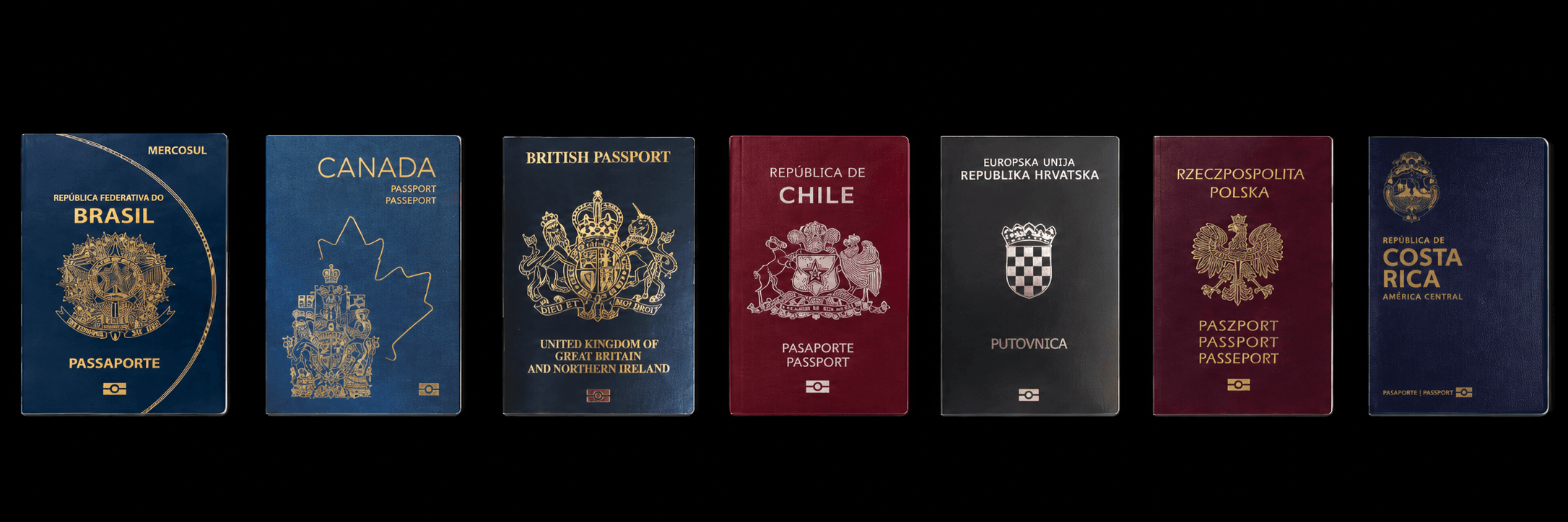 Pasaportes de distintos países alineados sobre un fondo negro