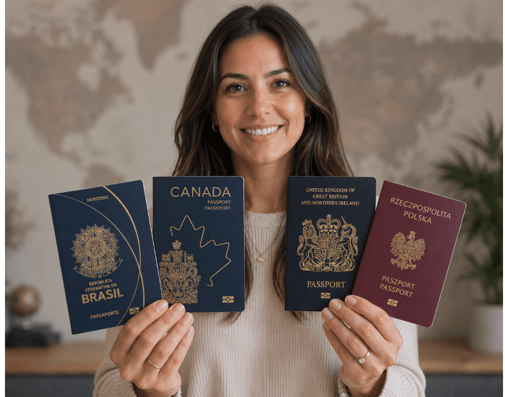 Woman holding passports from Brazil, Canada, the United Kingdom and Poland