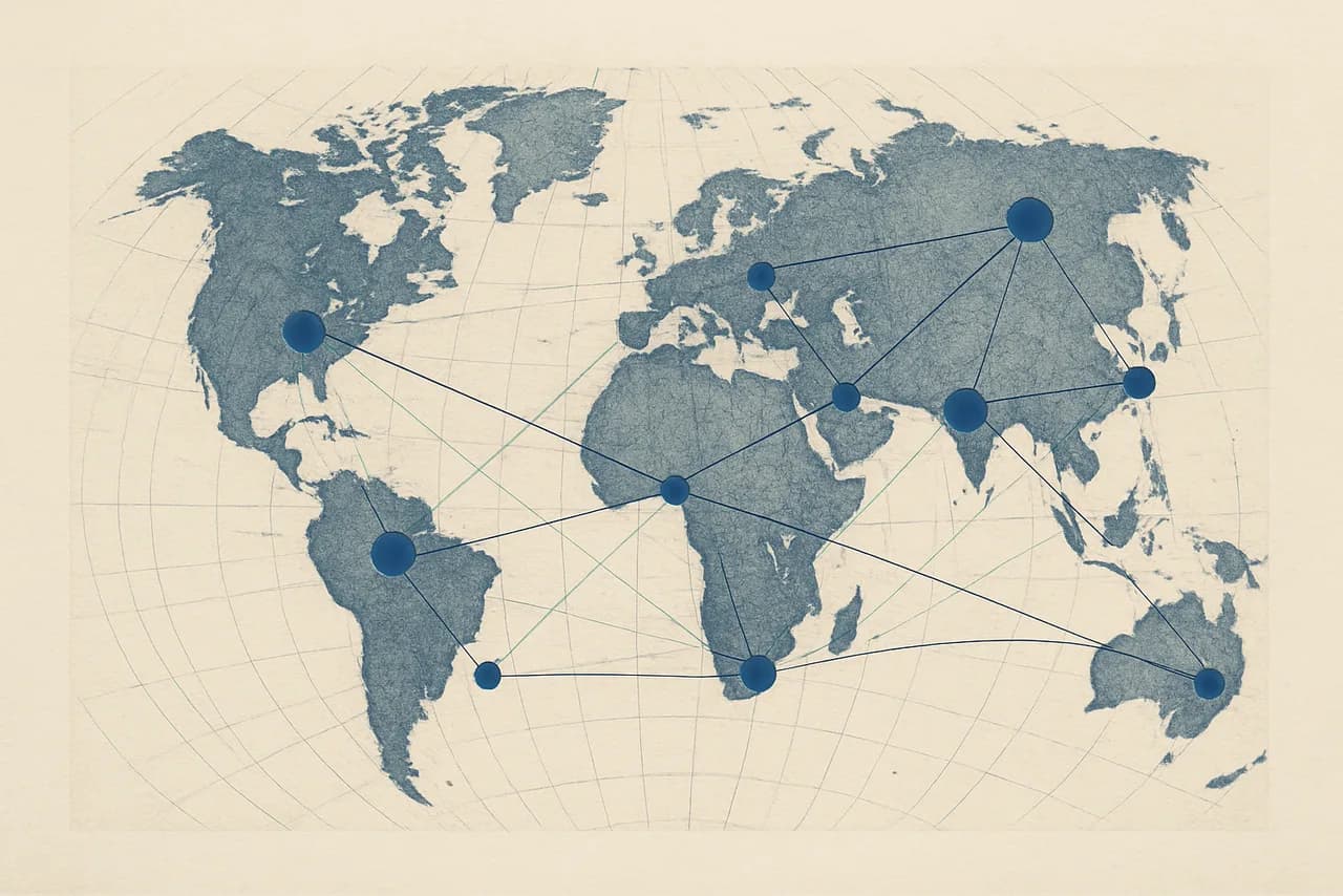 Antique world map with points across several continents joined by fine lines, illustrating citizenship and residency routes worldwide.